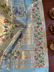 Blue and Beige Pure Pathani Hand Bandhini Masterpiece