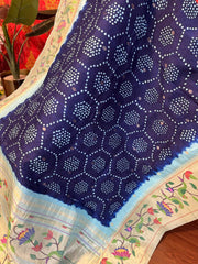 Blue and Beige Pure Pathani Hand Bandhini Masterpiece