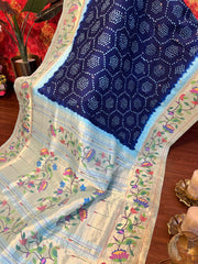 Blue and Beige Pure Pathani Hand Bandhini Masterpiece