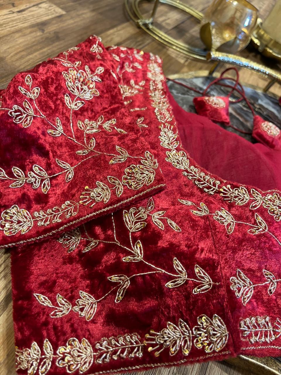 Maroon Red  Velvet Handworked Blouse