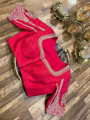 Red Pure Rawsilk All Over Handworked Blouse