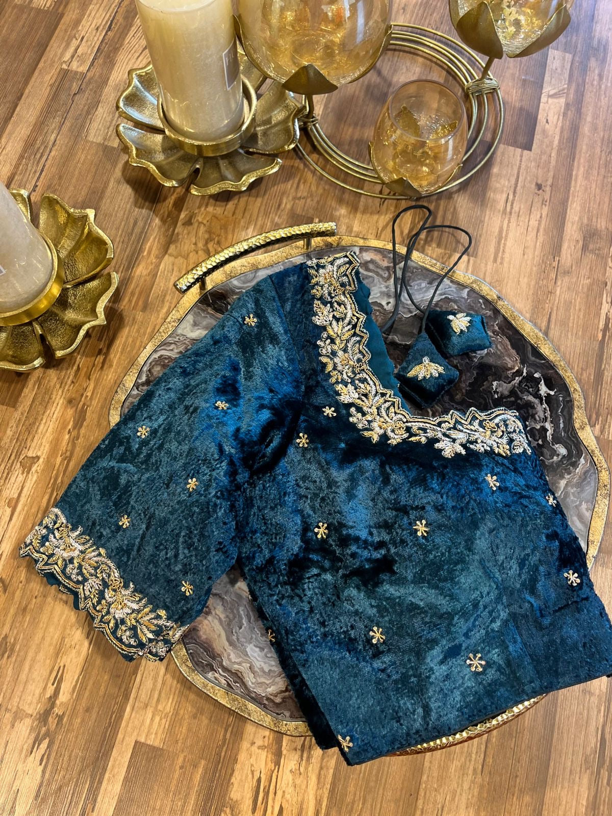 Peacock Blue Shade Velvet Designer Blouse