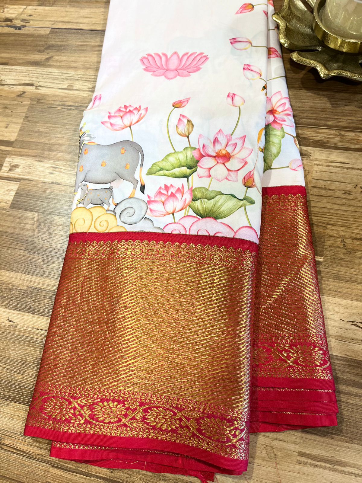 White Pure Kanchi Digital Silk