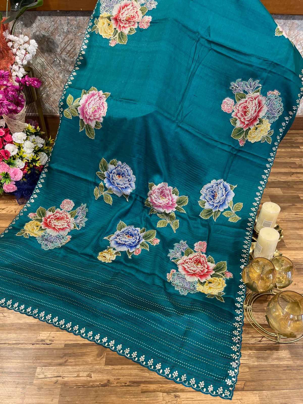 Peacock Blue Shade Pure Tussar Saree