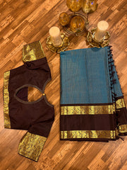 Blue and brown Space Border Gadwal Pattu