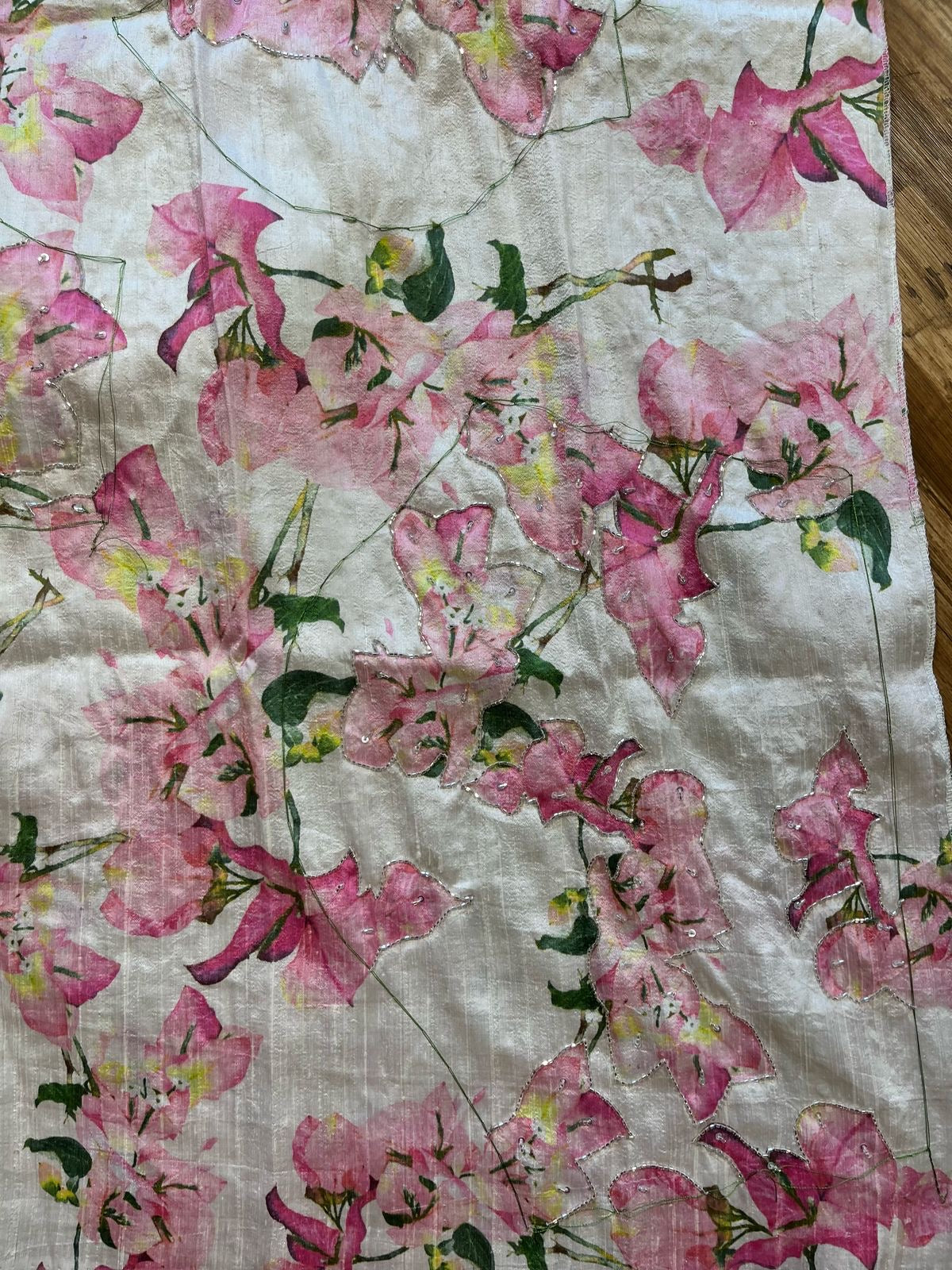 Black Designer Bougainvillea Digital Print On Pure Organza