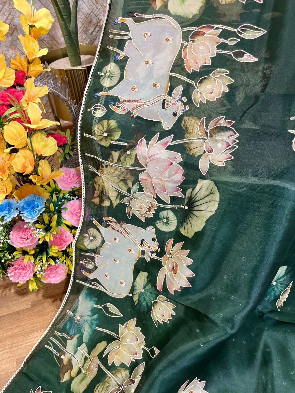 Bottle green Designer Floral Print Pure Organza