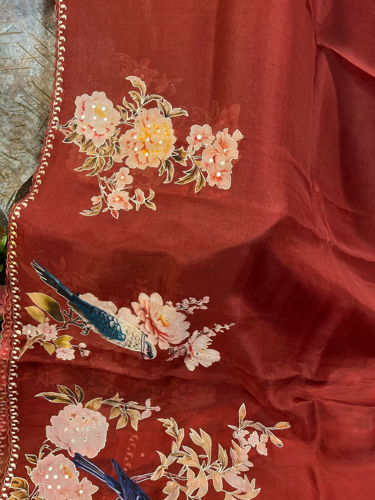 Maroon Designer Floral Print Organza