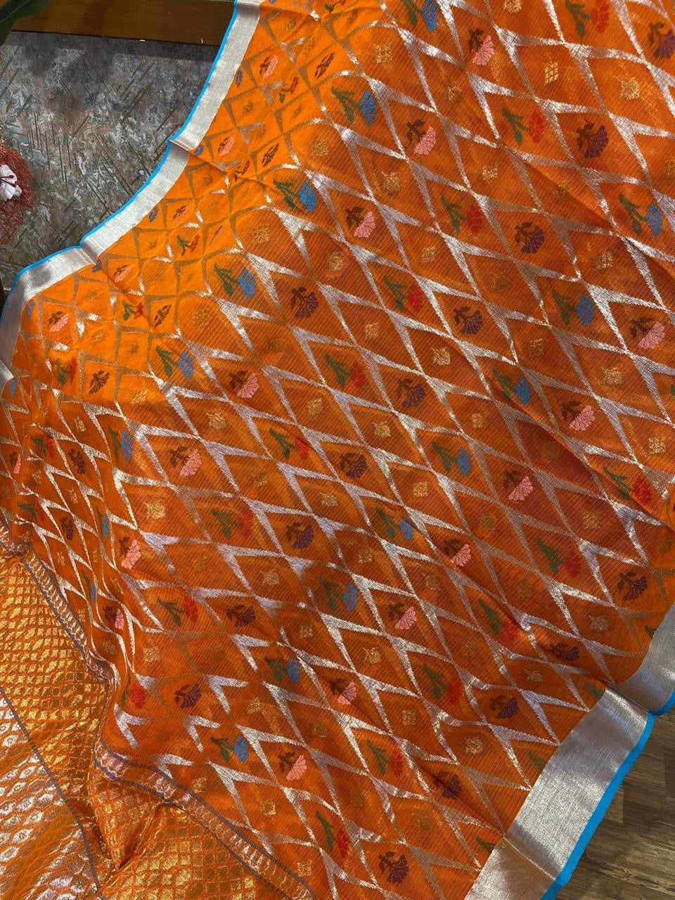 Designer All Over Jaal Pure Zari Kota Saree with Contrast Blouse