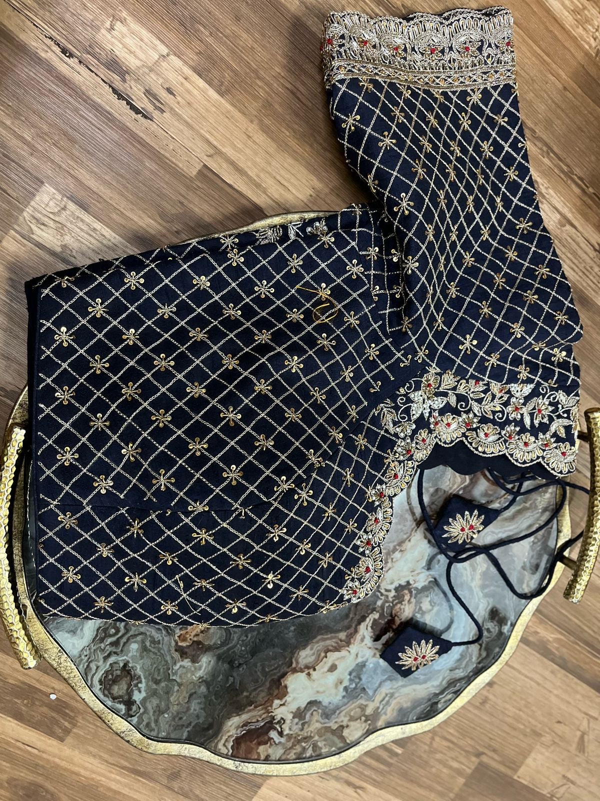 Deep Navy Rawsilk Handworked Blouse