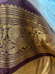 Sky blue and chocolate brown tone Gadwal saree