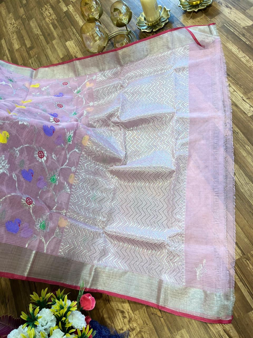 Designer All Over Jaal Pure Zari Kota Saree with Contrast Blouse