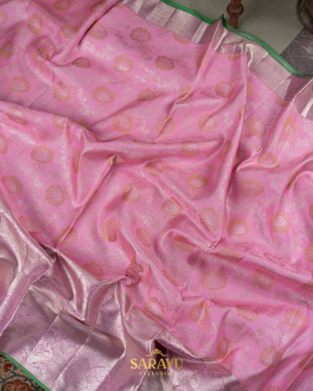 Rose Pink and Green Pure Kanchi Soft Brocade Silk