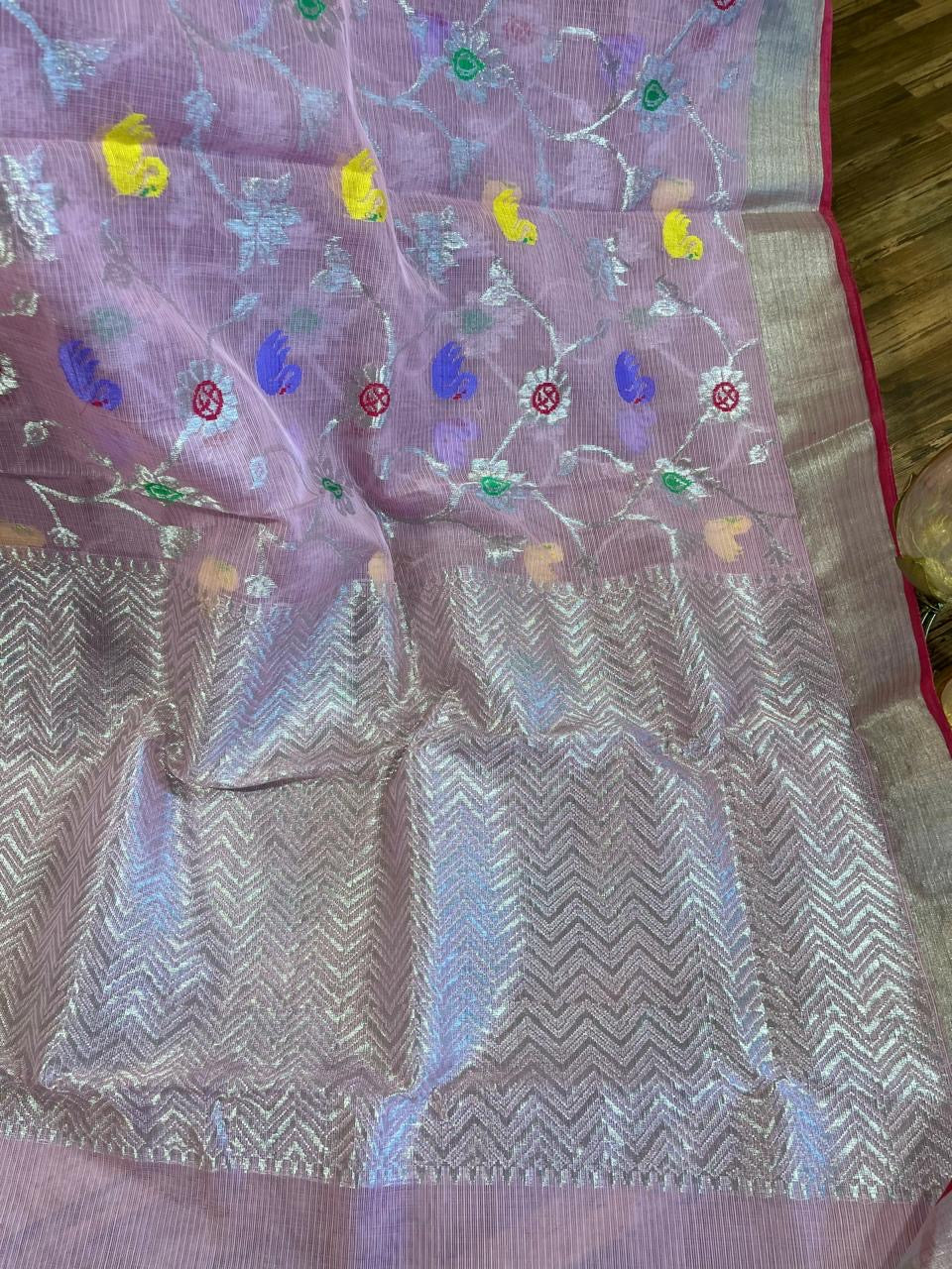 Designer All Over Jaal Pure Zari Kota Saree with Contrast Blouse