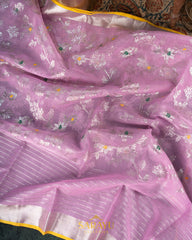 Light rose pink pure all over silver jaal weave pure zari kota