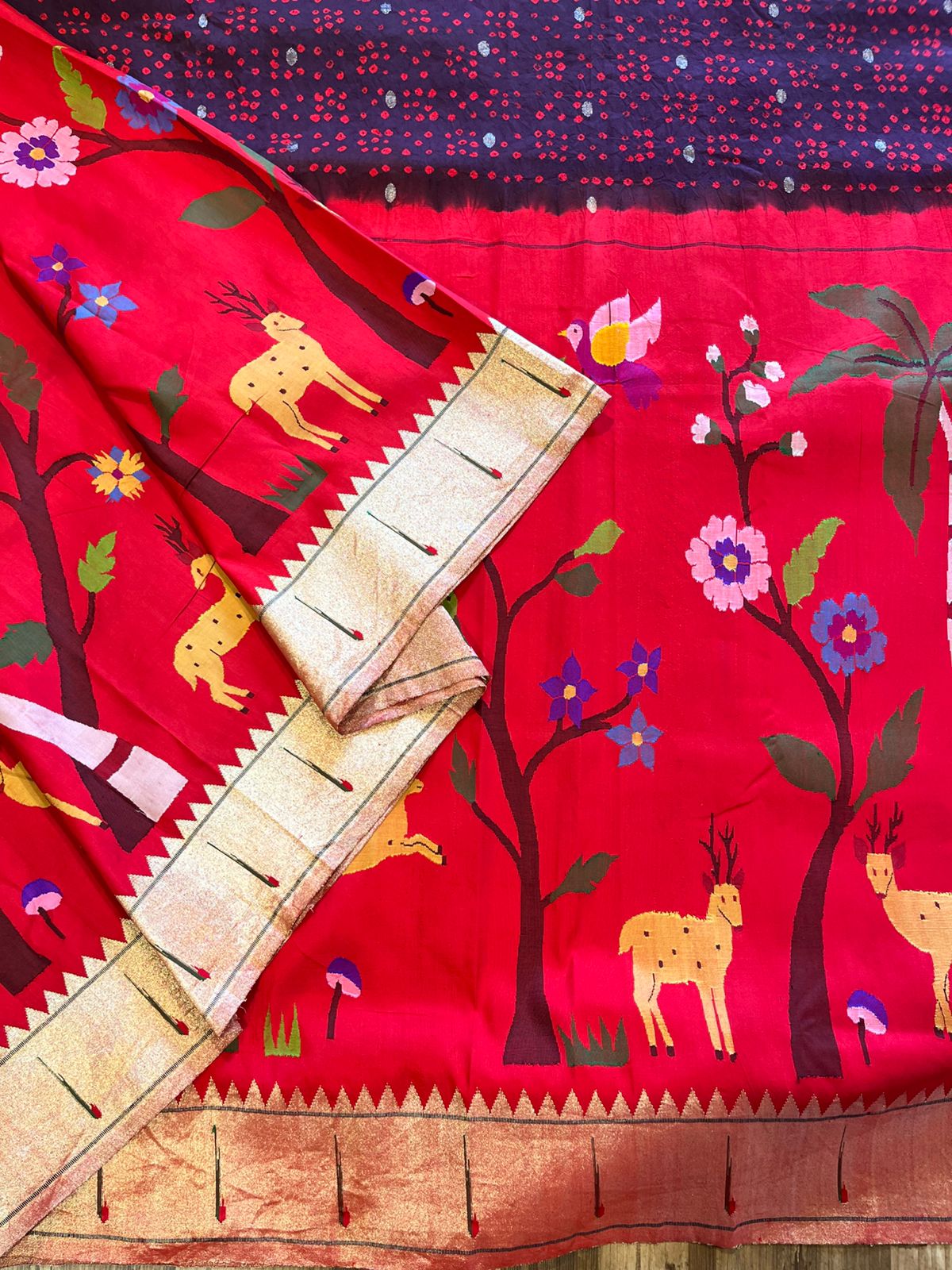 Designer half overall stunning hand Bandhini Pure Silk Paithani