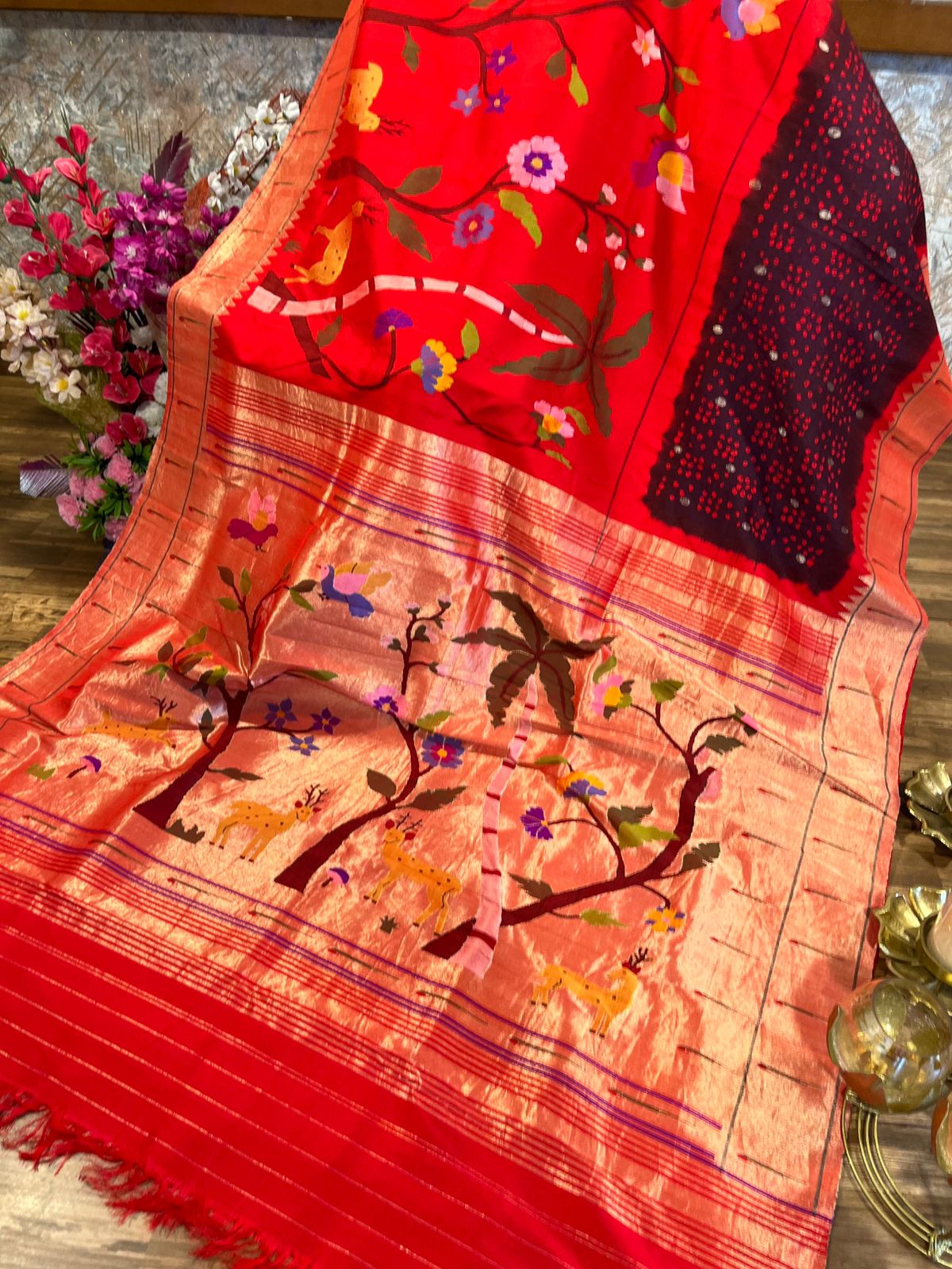 Designer half overall stunning hand Bandhini Pure Silk Paithani