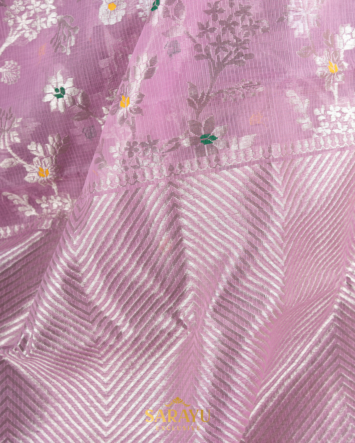 Light rose pink pure all over silver jaal weave pure zari kota