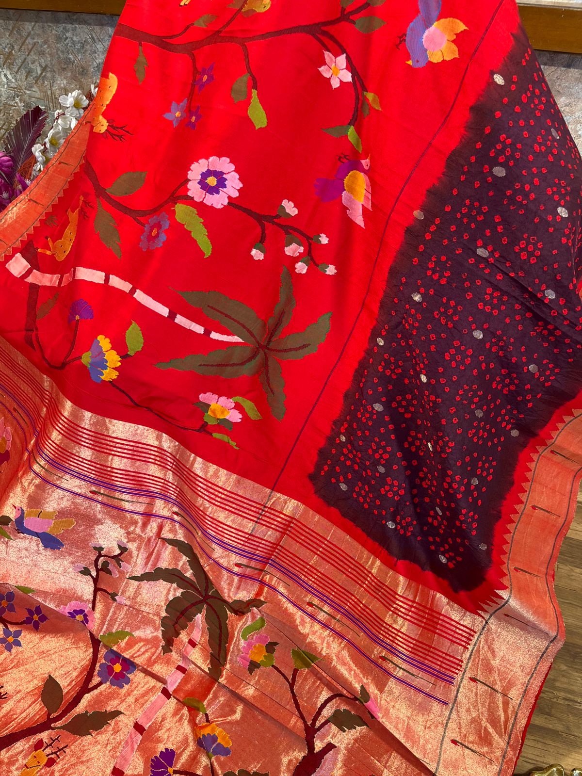 Designer half overall stunning hand Bandhini Pure Silk Paithani