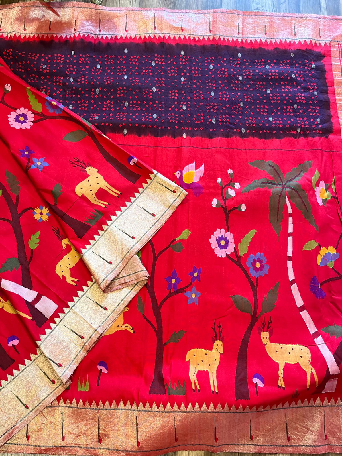 Designer half overall stunning hand Bandhini Pure Silk Paithani