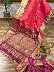 Coral peach and pinkish maroon toned allover Jari checks Gadwal saree