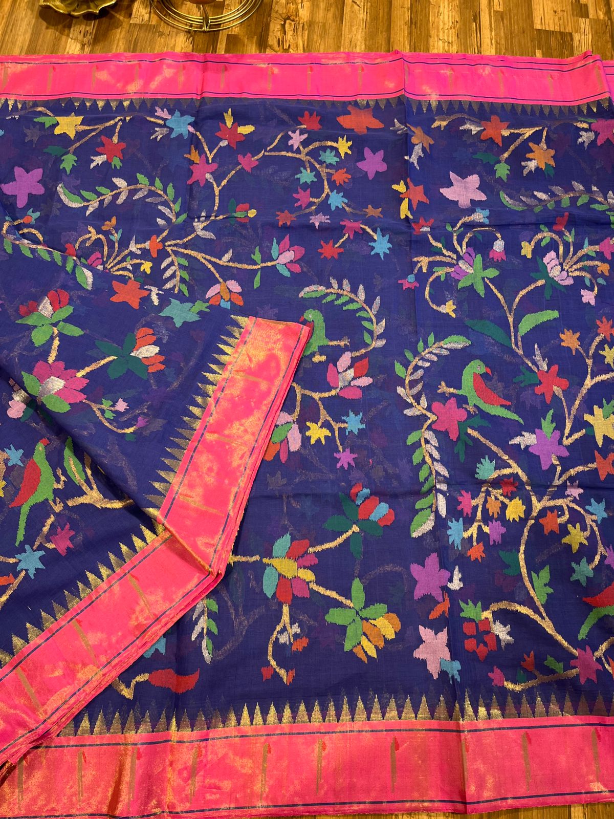 Blue and Pink Tissue Paithani Border