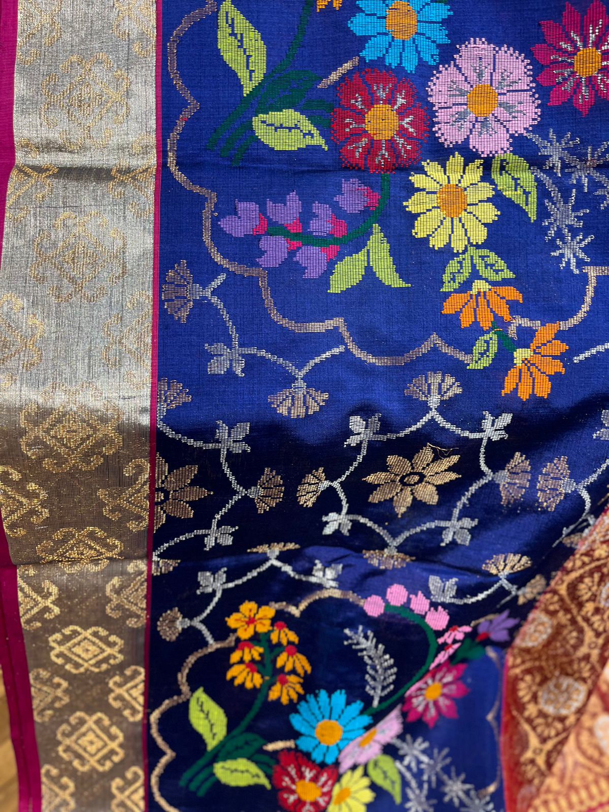 Brick and Royal Blue Pure Zari kota Jamawar