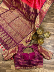 Coral peach and pinkish maroon toned allover Jari checks Gadwal saree