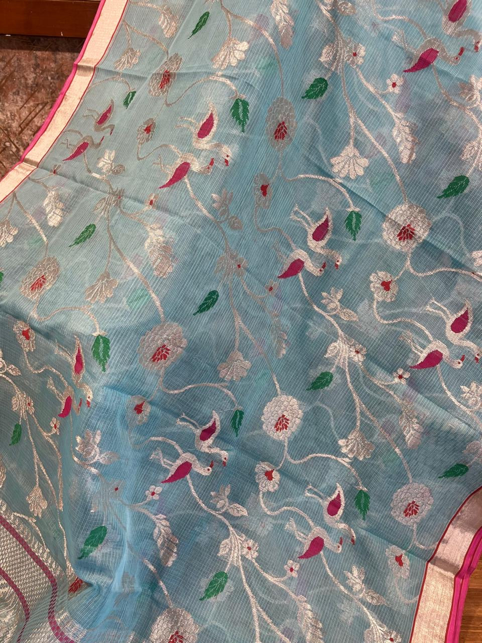 Designer All Over Jaal Pure Zari Kota Saree with Contrast Blouse