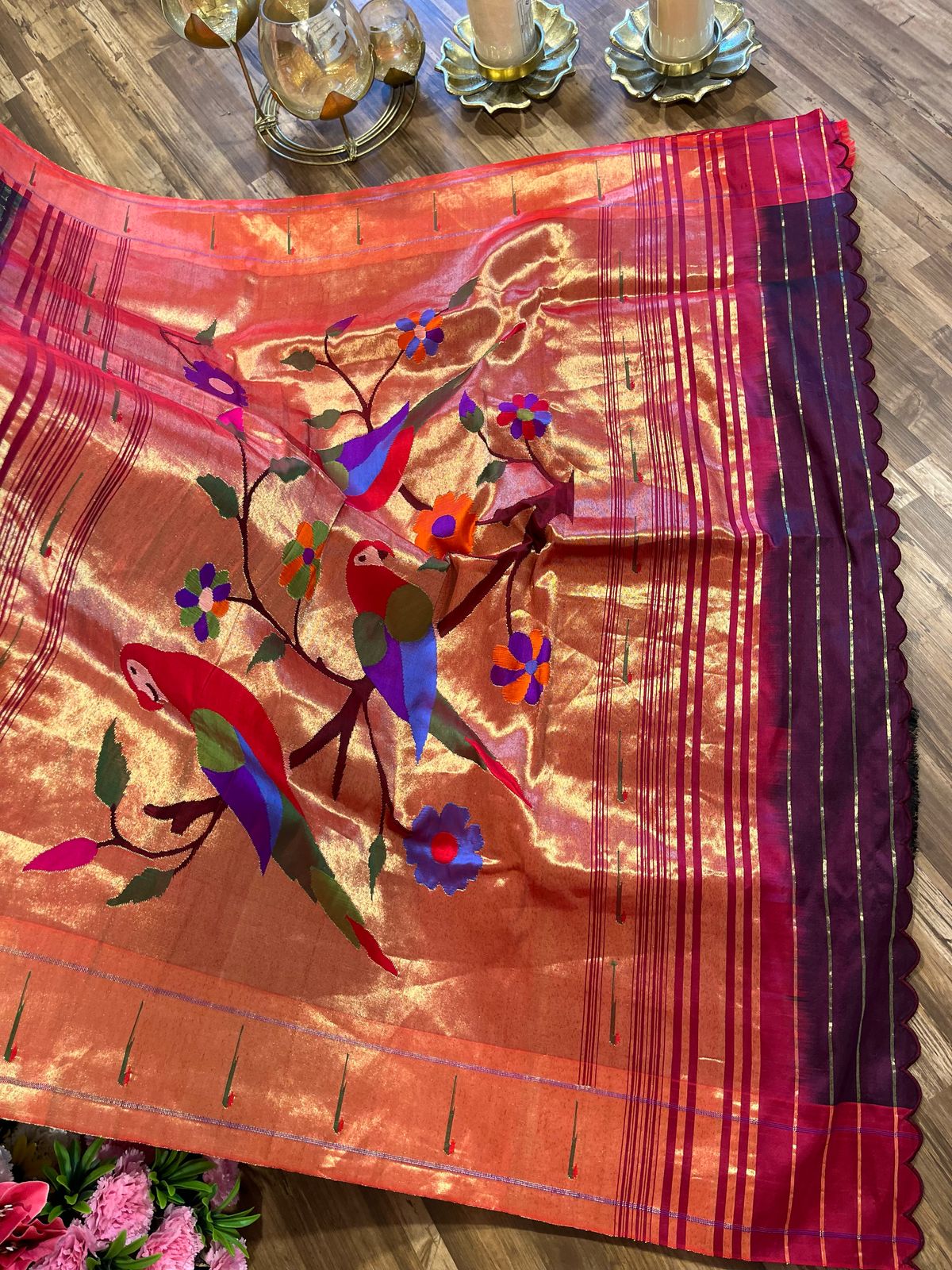 Wine Checkered Designer Exclusive Applique Work Paithani Pure Pattu