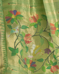 Light Parrot Green Cotton Jamdhani with Paithani Exclusive Masterpiece Fusion  Saree