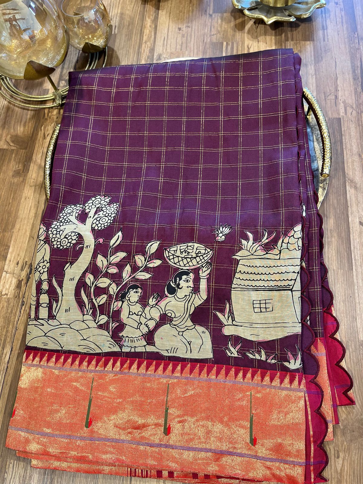 Wine Checkered Designer Exclusive Applique Work Paithani Pure Pattu