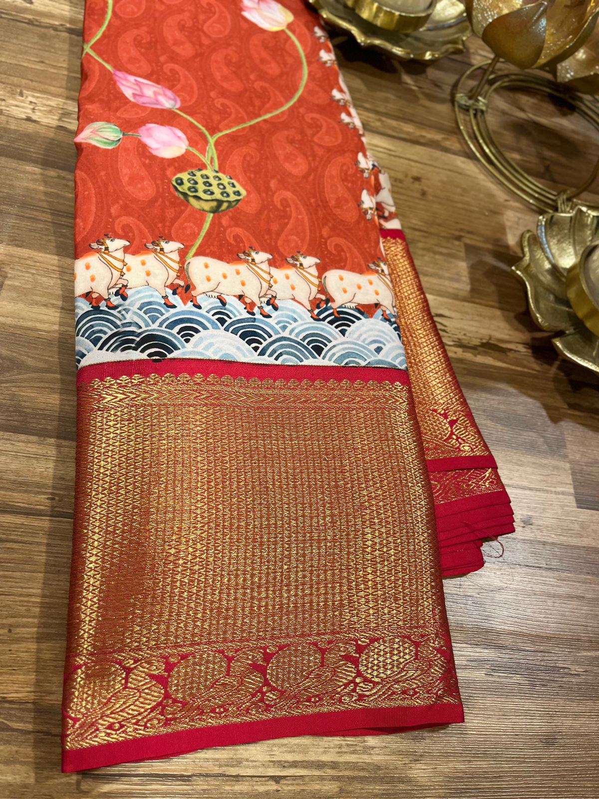 Brick Red Pure Kanchi Digital Silk