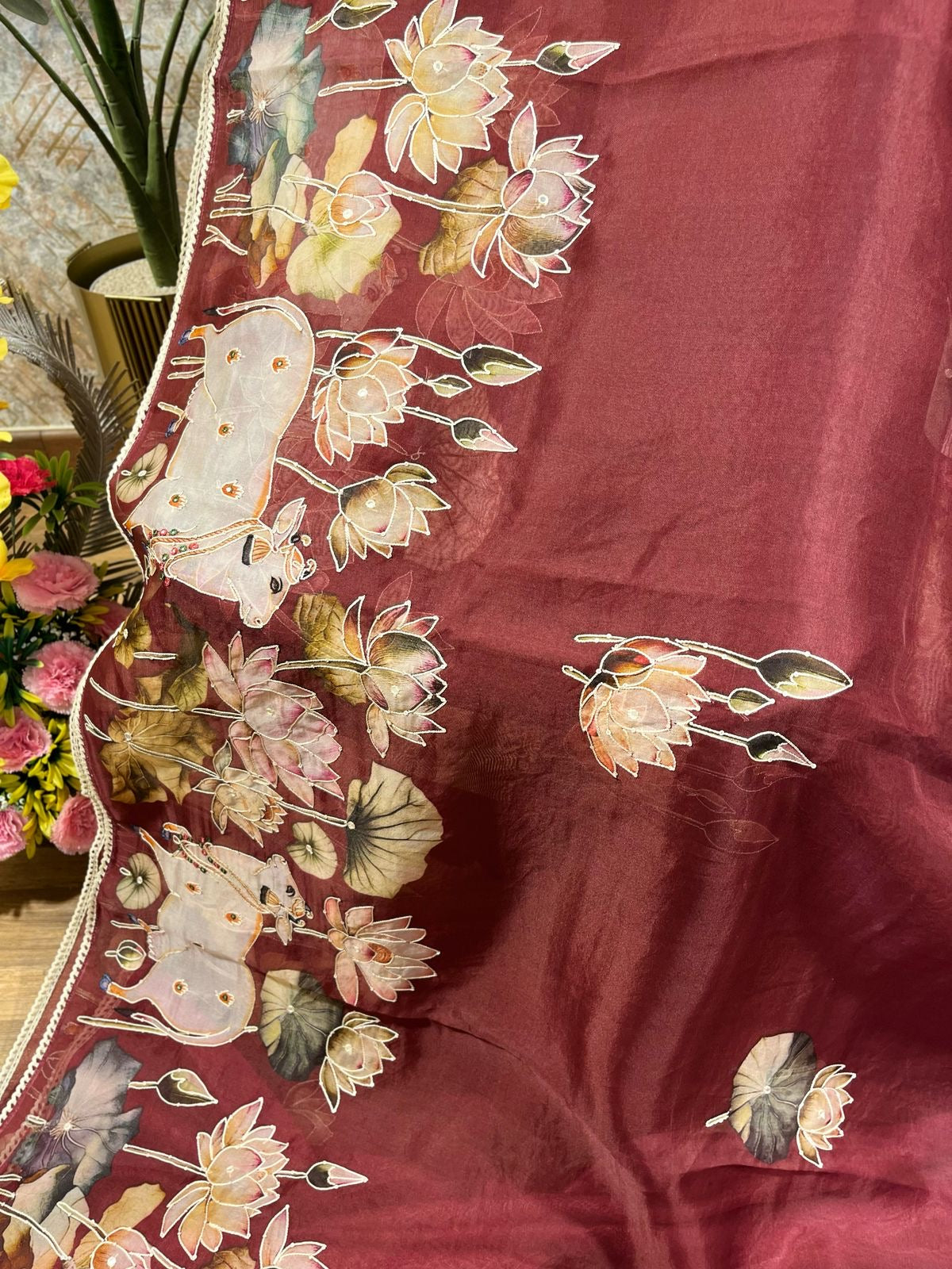 Maroon Designer Floral Print Pure Organza