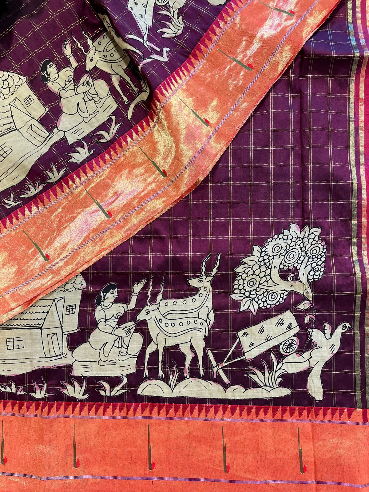 Wine Checkered Designer Exclusive Applique Work Paithani Pure Pattu