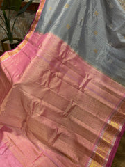 Grey Gadwal Pattu Saree | Zari Checks & Gold Brocade Pink Border
