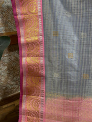 Grey Gadwal Pattu Saree | Zari Checks & Gold Brocade Pink Border