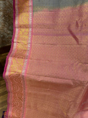 Grey Gadwal Pattu Saree | Zari Checks & Gold Brocade Pink Border