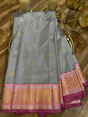 Grey Gadwal Pattu Saree | Zari Checks & Gold Brocade Pink Border