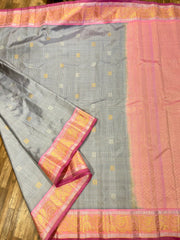 Grey Gadwal Pattu Saree | Zari Checks & Gold Brocade Pink Border