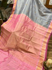 Grey Gadwal Pattu Saree | Zari Checks & Gold Brocade Pink Border