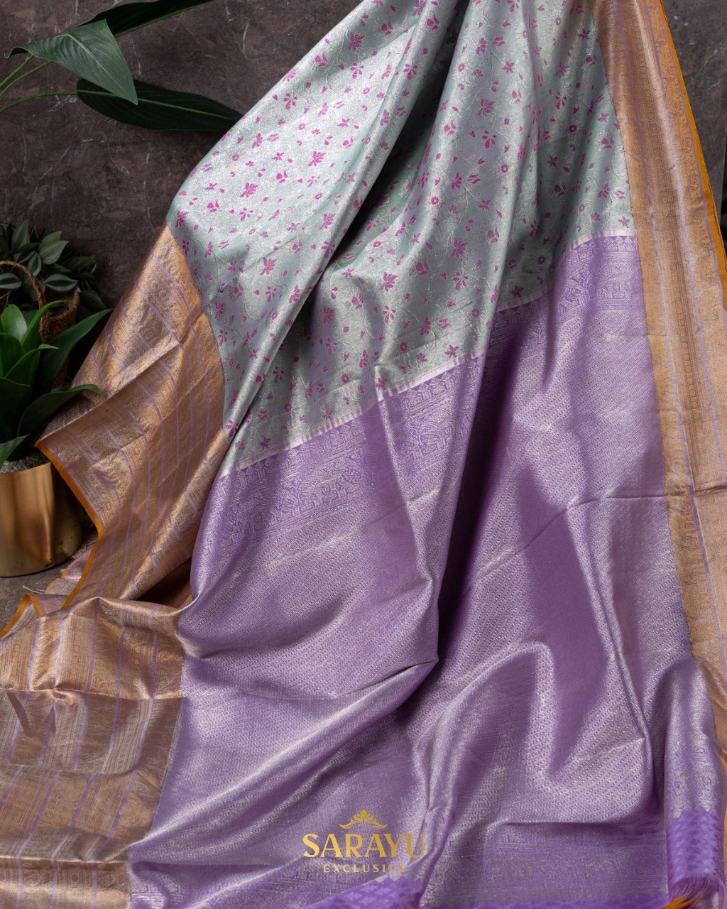 Soft powder blue and lavender brocade Kanchi pure silk