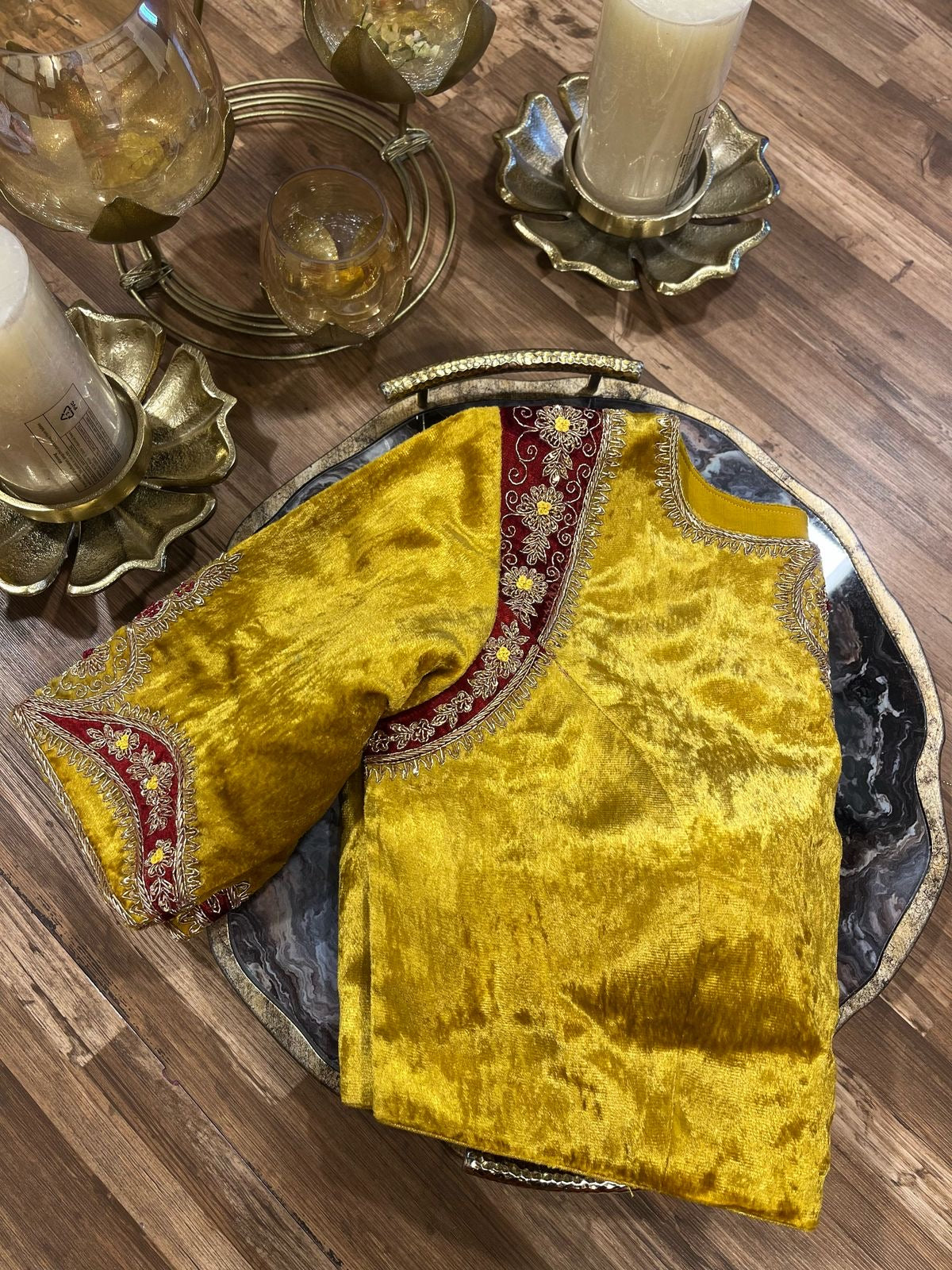Yellow and Red Combination Shade Velvet Designer Blouse