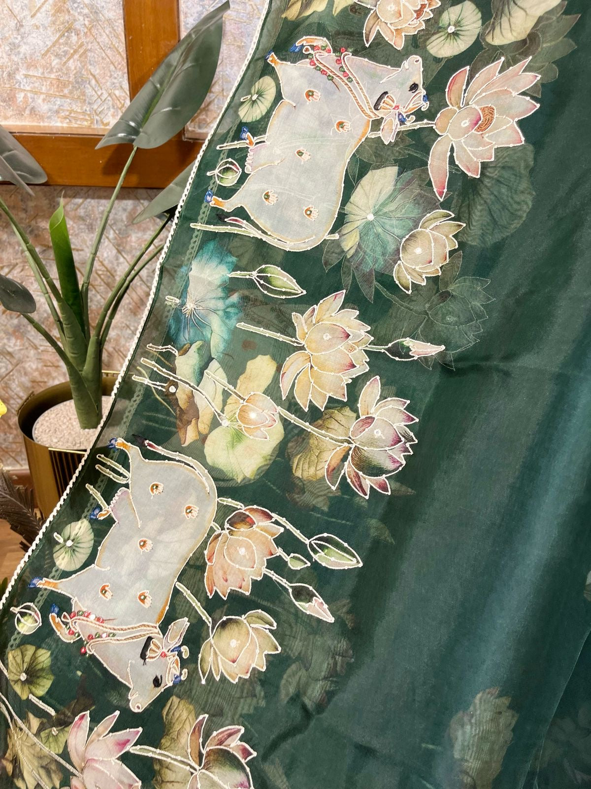 Bottle green Designer Floral Print Pure Organza