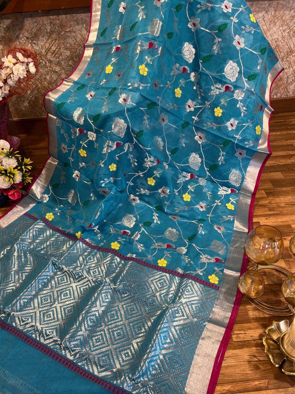 Designer All Over Jaal Pure Zari Kota Saree with Contrast Blouse