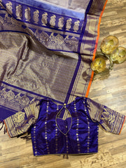 Grey and Deep Navy toned allover  Gadwal brocade saree