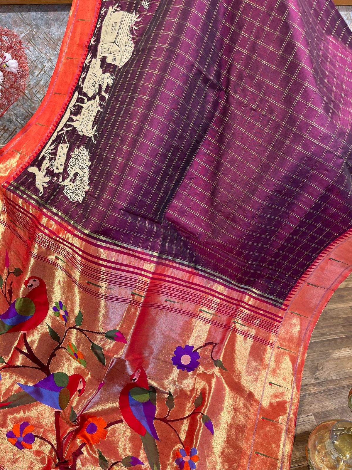 Wine Checkered Designer Exclusive Applique Work Paithani Pure Pattu