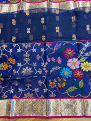 Green and Royal Blue Pure Zari kota Jamawar