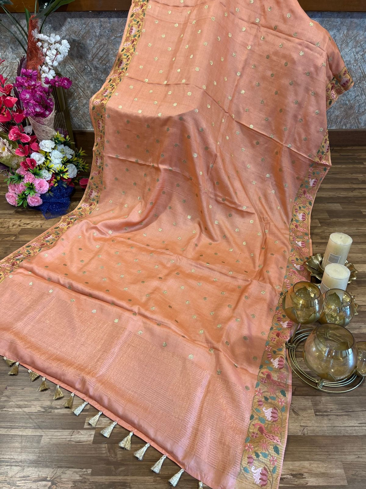 Peach Shade Pure Tussar Saree