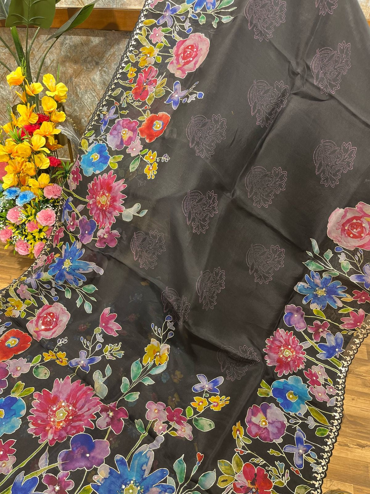 Black Designer Floral Print Organza